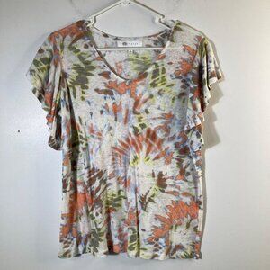 Womens Fever Linen Blend Tie Dye Tee Shirt Ruffle‎ Sleeve White Orange Green L